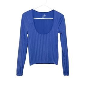 Free People Lucky You Layering Ribbed Top Stretch Shimmer Blue Women M/L